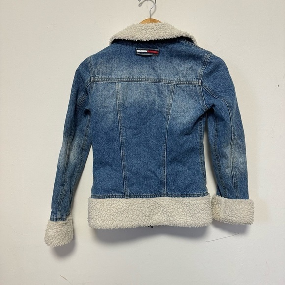 Vintage Y2K Tommy Jeans Hilfiger Denim Faux Sherpa Jacket Blue Jean Retro XS - Picture 9 of 9